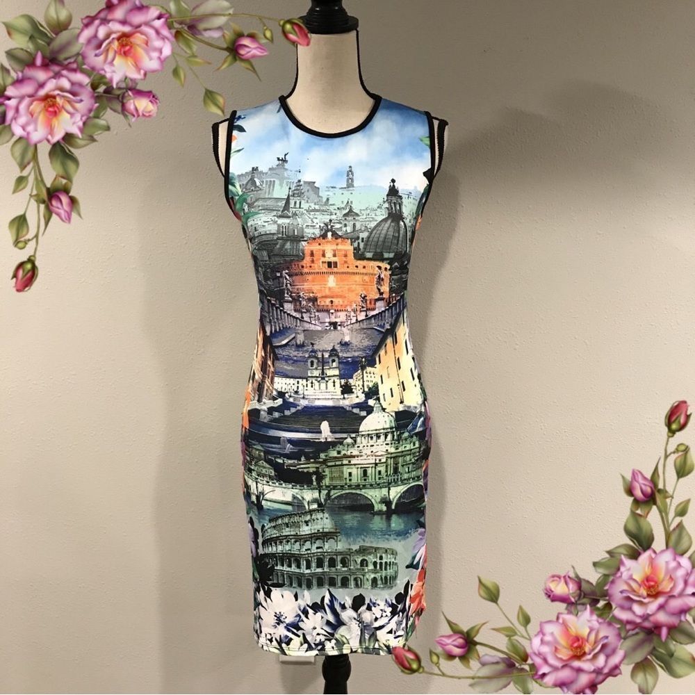 Just Love Multicolor Cityscape Print Midi Dress
